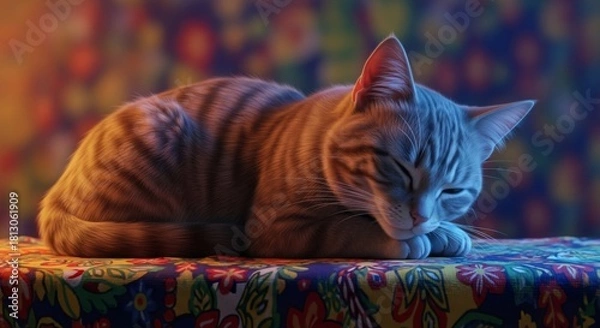 Fototapeta Tabby cat napping on colorful floral patterned surface