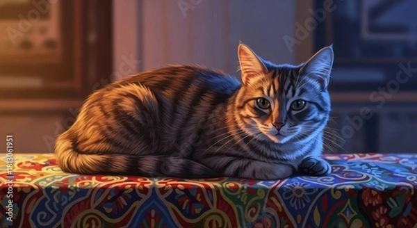 Fototapeta Tabby cat resting on colorful patterned surface