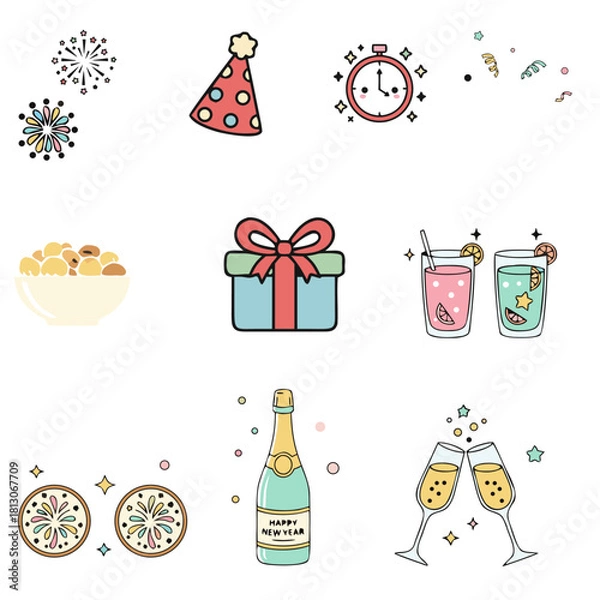 Obraz Cute New Year Celebration Food and Drink Vector Set