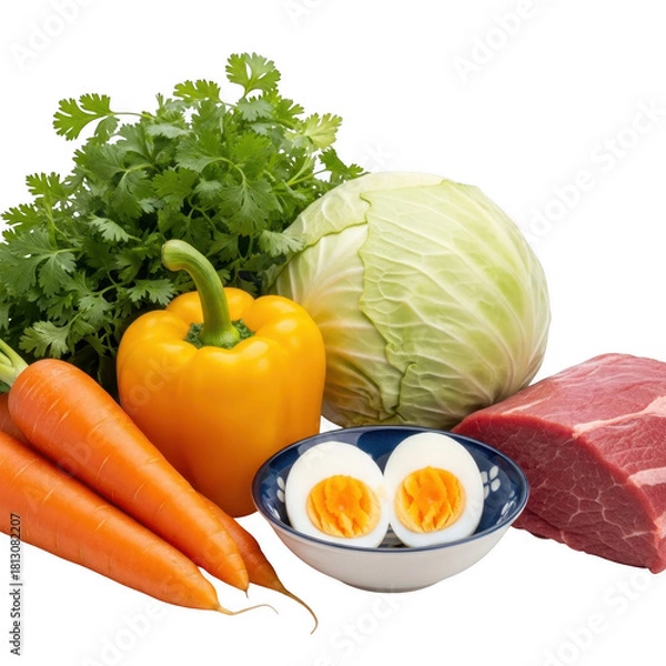Fototapeta Fresh Vegetables Cabbage Carrot Cilantro Bell Pepper Eggs Beef Nutrition Healthy Diet Raw Food Ingredient Isolated Transparent Background