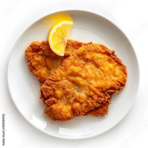Fototapeta Two golden brown, crispy breaded schnitzel cutlets served on a white plate with a fresh lemon wedge garnish, isolated on white background