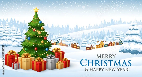 Fototapeta Merry Christmas and New Year holiday background with presents, christmas tree and and winter village. Vector.