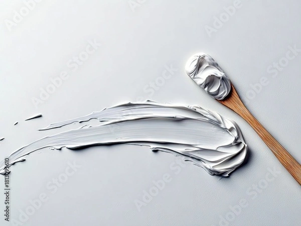 Fototapeta A dollop of thick white cream is swirled on a wooden spoon, with a smear of the same cream creating an abstract pattern on a light surface.