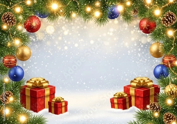 Fototapeta Christmas Background with Gift Boxes, Pine Branches, and Holiday Ornaments in Snow