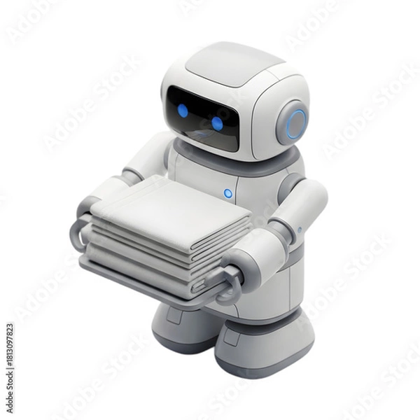 Obraz A cute friendly service robot carrying folded laundry efficiently