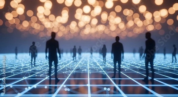 Fototapeta Silhouetted figures on a glowing grid with bokeh lights above