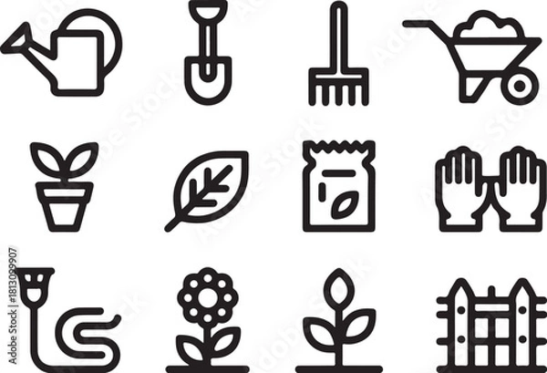 Obraz Collection of simple outline icons representing gardening tools and plants