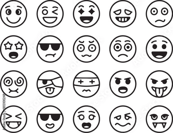 Obraz Collection of hand drawn smiley face emoticons with various expressions