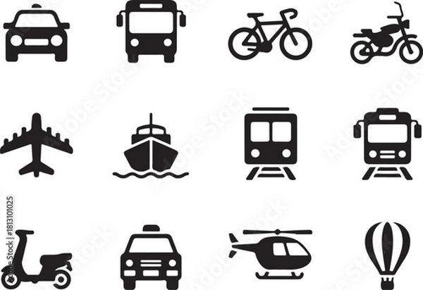 Obraz Collection of black transportation icons on a white background