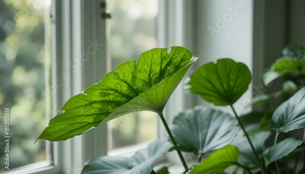 Fototapeta Tack-sharp monstera and philodendron near a window, crisp leaf textures in soft diffused daylight, smooth bokeh, natural green tones, no grain, set in a clean Scandinavian interior.