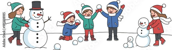 Obraz Cartoon children playing in snow, building snowmen, snowball fight, winter clothes, joyful expressions, outdoor fun, seasonal activity, teamwork, festive mood, cold weather scene
