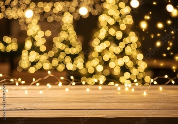 Fototapeta Wooden Table with Blurred Christmas Tree Lights and Festive Bokeh Background