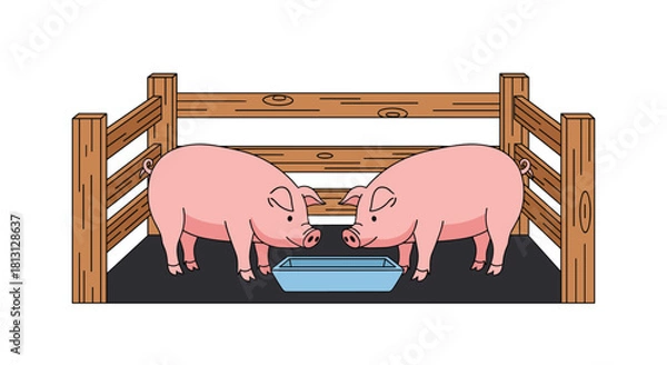 Obraz Cartoon illustration featuring two pink pigs in a wooden fence pen, with a blue feeding trough in the center.