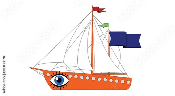 Fototapeta A whimsical orange sailing ship adorned with a large blue eye on its bow and colorful flags, isolated on a white background.