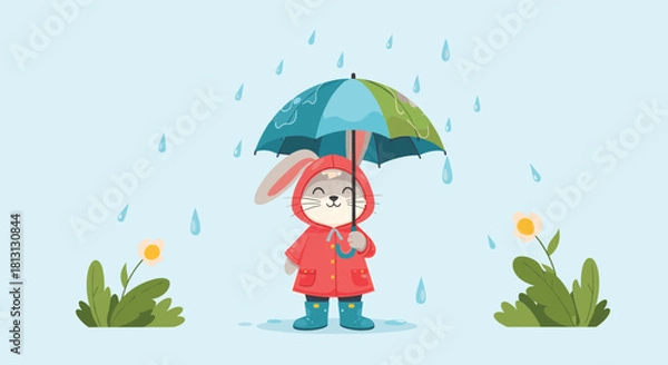 Fototapeta A happy cartoon rabbit in a red raincoat and blue boots smiles while holding a colorful umbrella in the rain, with green plants and flowers.