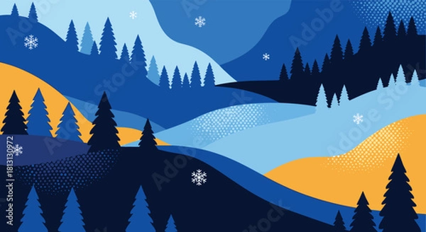 Obraz A beautiful stylized winter landscape with snow-covered rolling hills and pine trees, featuring a calm snowfall and a serene natural scene.