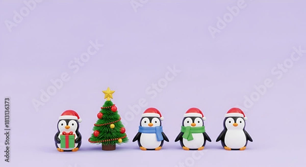 Fototapeta Ceramic statuettes of penguins and christmas tree