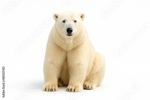 Fototapeta Polar bear sitting on its haunches with front paws neatly placed in front facing camera on pure white background arctic wildlife portrait for climate conservation education and winter design