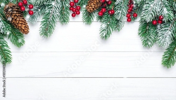 Obraz Close-up view of a decorative holiday garland with pinecones, red berries, and evergreen needles forming a border on a clean wooden surface, ideal for Christmas banners and invitations.