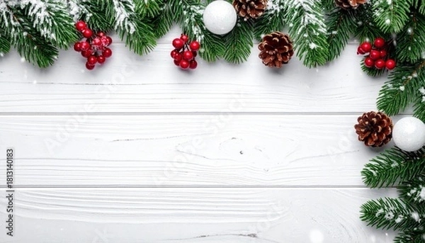 Obraz Decorative Christmas frame created with snowy pine branches, red berries, and holiday ornaments placed above a wooden background, suitable for seasonal greeting card designs and promotional materials.