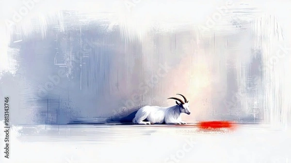 Fototapeta A white goat lies down on a white surface, with a vibrant red shape in front of it, against a backdrop of abstract brushstrokes.