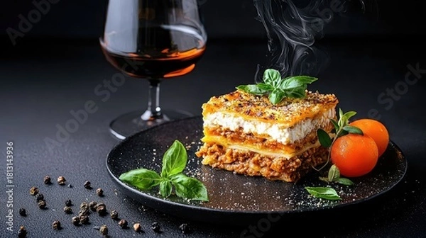 Fototapeta A delicious slice of lasagna, garnished with basil and tomatoes, is served with a glass of wine, creating an inviting dining experience.