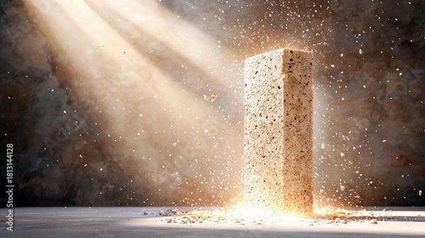 Fototapeta A textured rectangular block is illuminated by dramatic rays of light, with debris and particles exploding outwards from its base.
