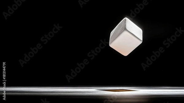 Fototapeta A white cube is suspended in mid-air, casting a shadow on a reflective surface below, illuminated by a spotlight.