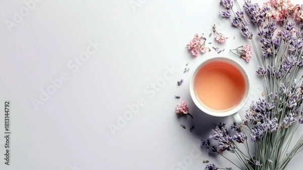 Fototapeta A white cup filled with a pale orange beverage is placed on a light gray surface next to a bunch of lavender flowers and scattered small pink blossoms.