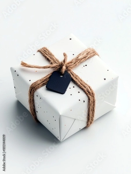 Fototapeta A white gift box is neatly wrapped with rustic twine and adorned with a small, dark rectangular tag, presented on a plain white surface.