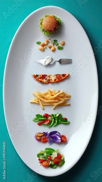 Fototapeta A white oval plate displays a vertical arrangement of food items including a burger, fried snacks, a dollop of cream on a fork, a slice of pizza, french fries,