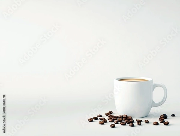 Fototapeta A white mug of coffee is placed on a white surface, surrounded by roasted coffee beans.