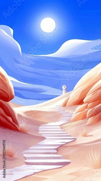 Fototapeta A surreal desert scene with a white staircase leading upwards through sandy dunes and rock formations under a bright sun.