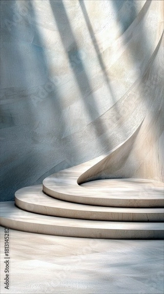 Fototapeta A minimalist abstract background featuring curved concrete steps bathed in soft light and shadow, creating a serene and modern aesthetic.