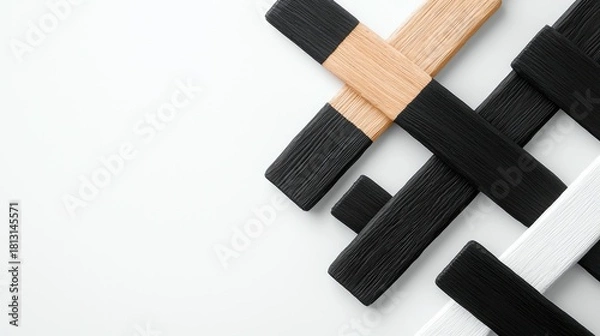 Fototapeta A minimalist composition featuring textured bars in black, white, and natural wood, arranged in an overlapping, crisscross pattern on a plain white surface.