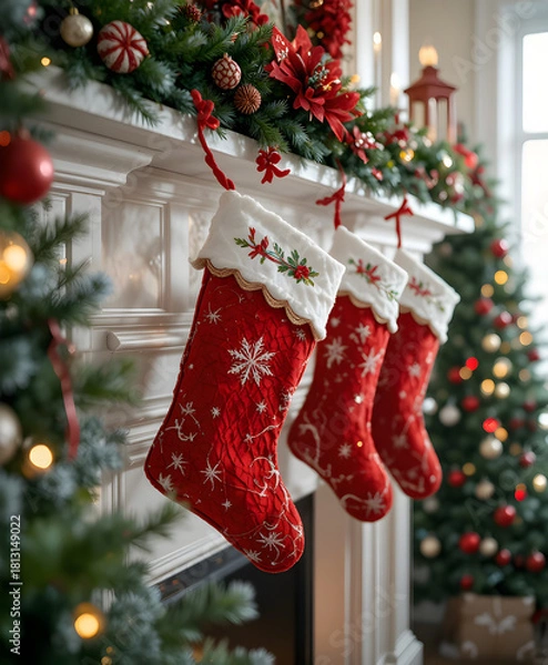 Fototapeta Ultra-sharp close-up of red Christmas stockings on a white mantel, showing detailed embroidery and fabric textures, festive greenery, bright natural lighting, soft depth, and a cozy holiday atmosphere