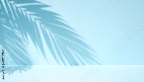 Fototapeta Soft blurred palm shadows fall across a pastel blue wall, forming a clean minimal backdrop ideal for bright seasonal product presentations.
