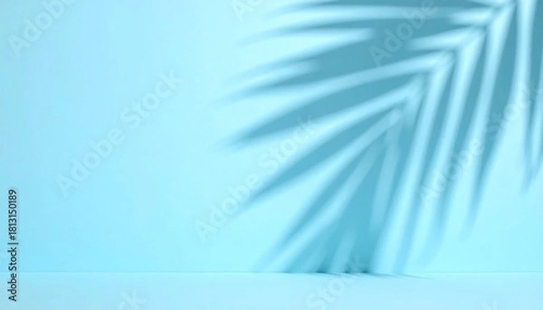 Fototapeta Soft blurred palm shadows fall across a pastel blue wall, forming a clean minimal backdrop ideal for bright seasonal product presentations.