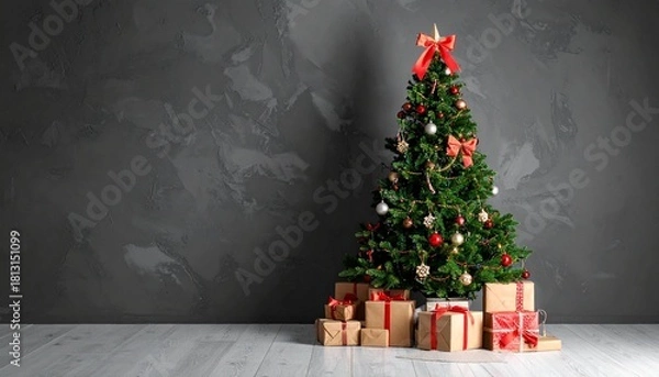 Fototapeta An elegant Christmas tree decorated with festive ornaments stands indoors in front of a dark textured wall, surrounded by beautifully wrapped gift boxes on a white wooden floor.