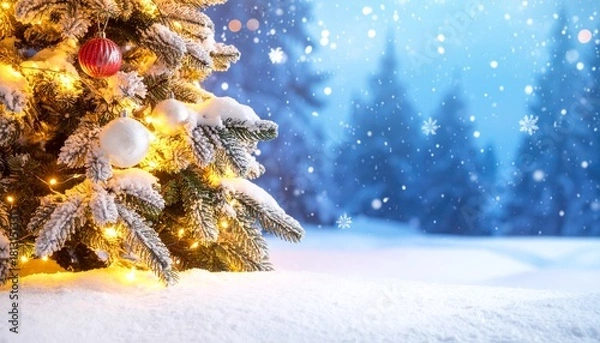 Obraz Close-up of a snow-covered Christmas tree decorated with warm glowing lights, set against a blurred blue winter forest and falling snowflakes, creating a peaceful festive atmosphere.