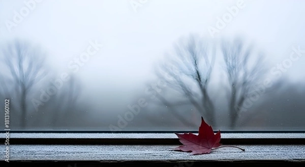 Fototapeta Vibrant Red Maple Leaf Resting on a Frosted Window Sill in Winter