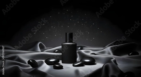 Fototapeta Elegant Black Bottle on Luxurious Silk with Polished Stones and Sparkles