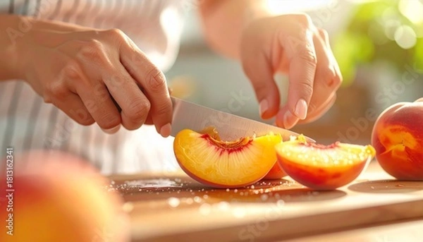 Obraz Slicing Fresh Peaches - A Close-Up of Summer Fruit Preparation.