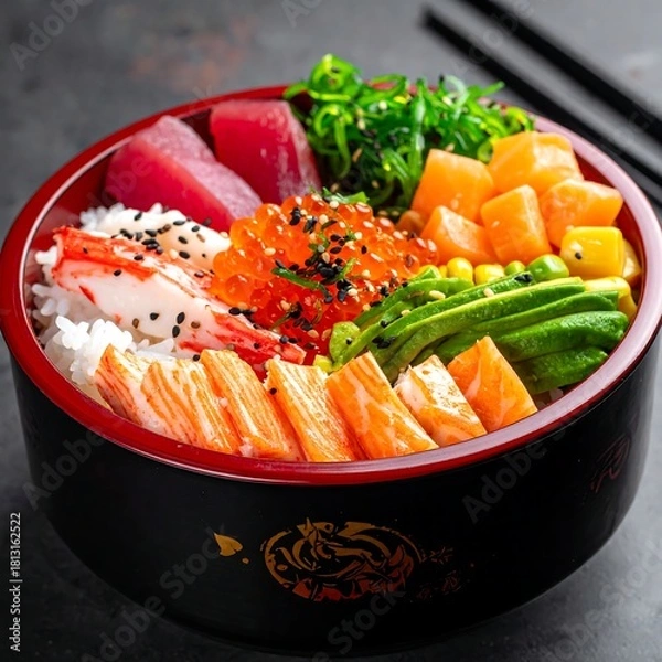 Fototapeta A close-up shot of a colorful, overflowing poke bowl on a dark surface, featuring rice, fish, avocado, and other toppings