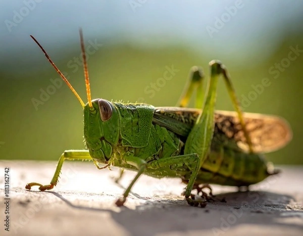 Fototapeta A close-up shot of a green insect perched on a surface, with detailed features and focused on its head, antennae visible