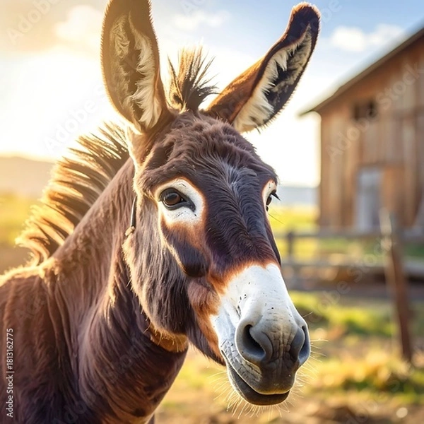 Obraz A close-up shot of a donkey on a sunny day. The donkey has brown fur with lighter patches on the face. A wooden barn is in the blurred background