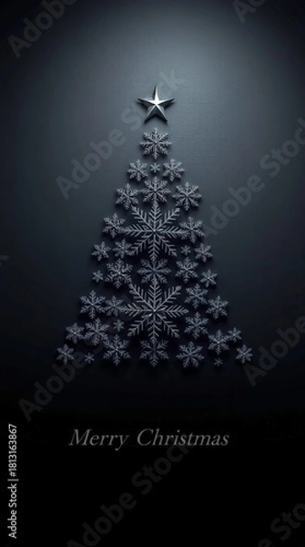 Fototapeta Minimalist Black Christmas Tree made of Snowflakes and Star on Dark Background Holiday Design_4