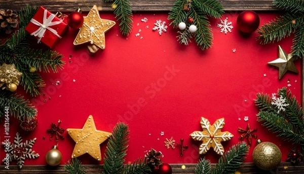 Obraz A bright red Christmas background decorated with golden stars, pine branches, ornaments, and snowflakes. A festive composition perfect for winter holiday greetings, seasonal banners.