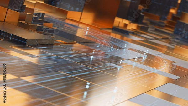 Fototapeta Futuristic financial architecture with precision cubes and illuminated paths