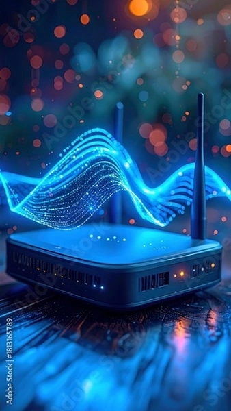 Fototapeta A digitally rendered image features a black, rectangular electronic device with antennas, from which emanates a glowing, wavy light trail